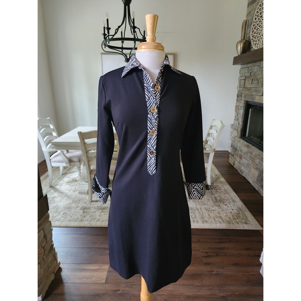 CK Bradley Ivy Black Shift Dress Geometric Print Trim Ponte Fabric Size M